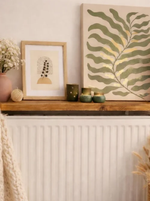 étagère radiateur sans perçage en bois d'échafaudage sur radiateur blanc