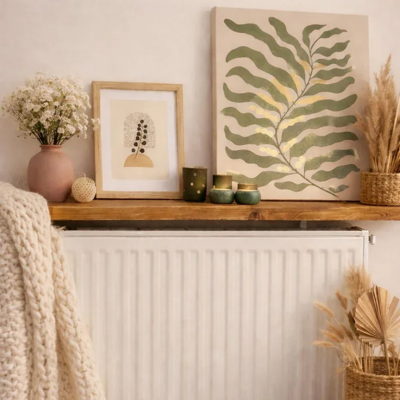 étagère radiateur sans perçage en bois d'échafaudage sur radiateur blanc
