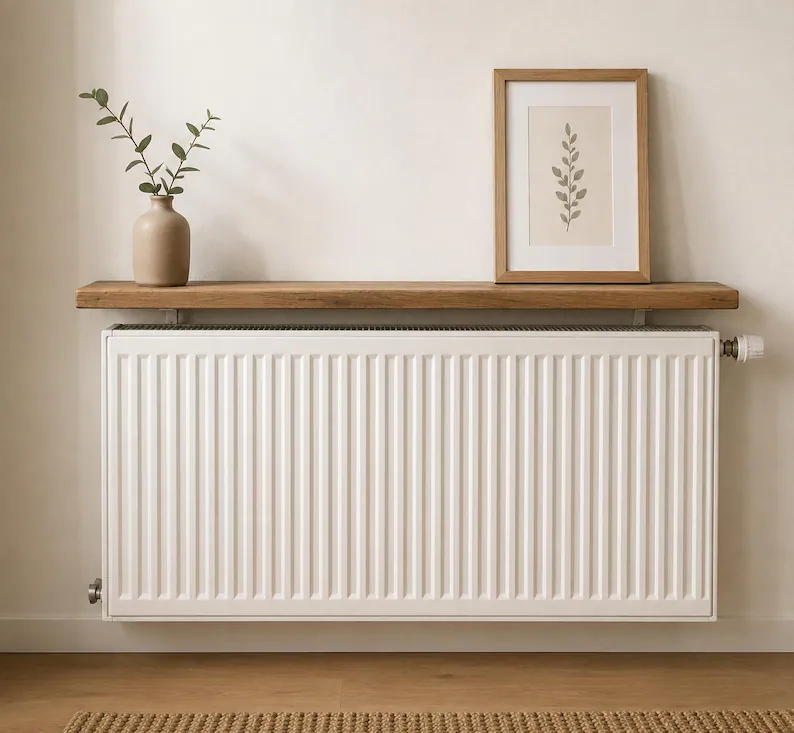 Étagère radiateur plat en bois d’échafaudage récupéré dans un intérieur décoré
