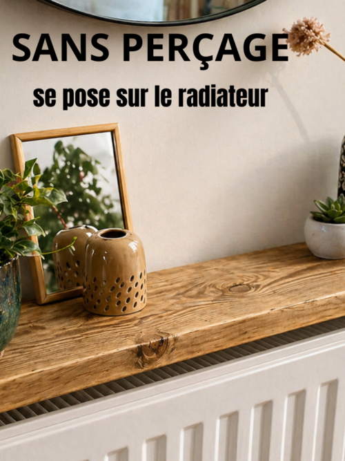 Étagère de radiateur sans perçage en bois recyclé avec équerres, posée sur radiateur blanc, décoration intérieure chaleureuse