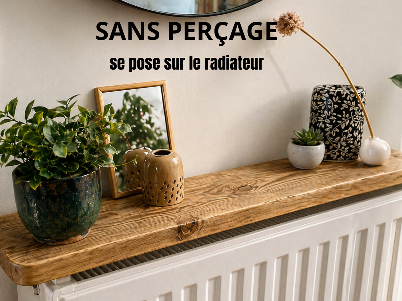 Étagère de radiateur sans perçage en bois recyclé avec équerres, posée sur radiateur blanc, décoration intérieure chaleureuse