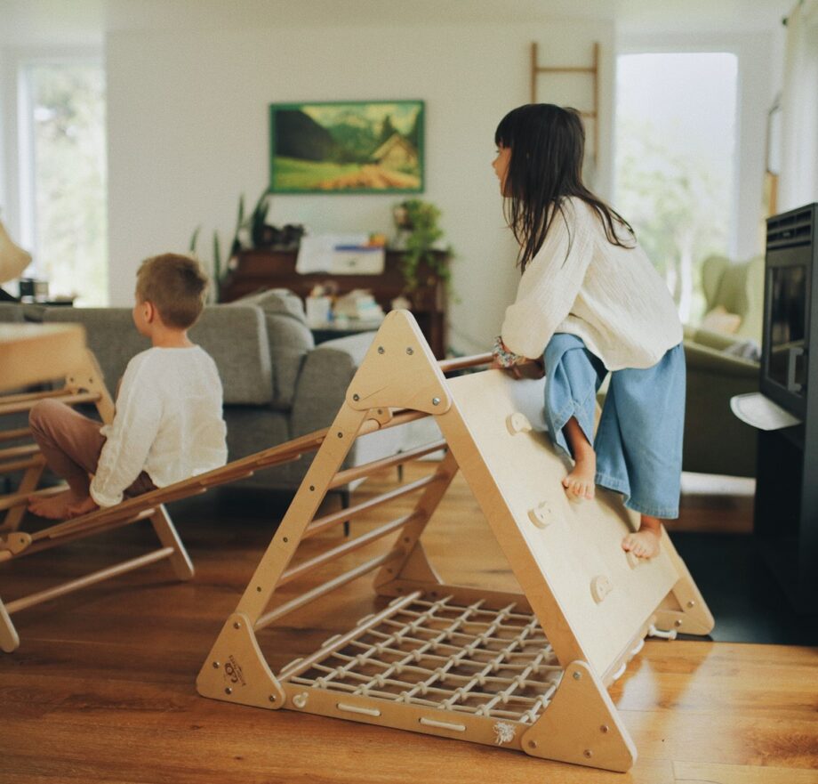Ensemble de triangle d'escalade 3 en 1, aire de jeu d'escalade en bois montessori, rampe toboggan, arche de motricité balançoire | Indus1978