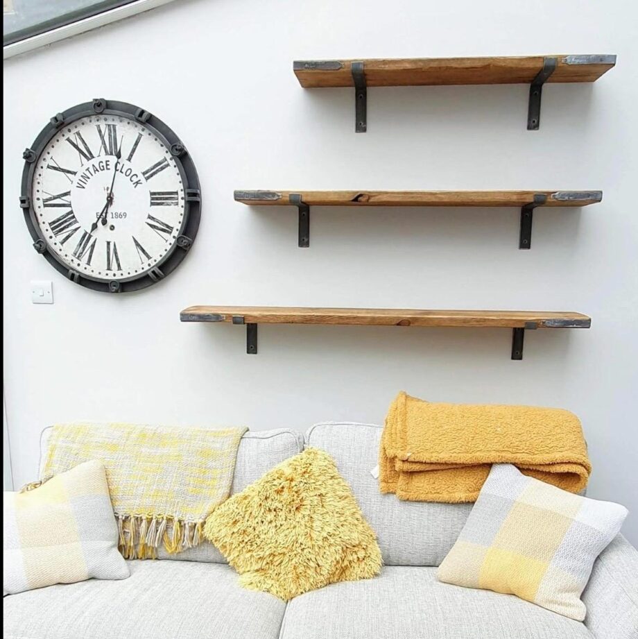 étagère cuisine murale bois  recyclé profondeur 19,5 cm -rangement bocaux, épices- équerres noires  inversées vernies- fait main en France