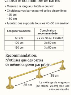 Rail galerie en laiton massif satiné, barre 25 ou 50 cm,  support en laiton,  pour étagère murale, cuisine, salon,  bibliothèque