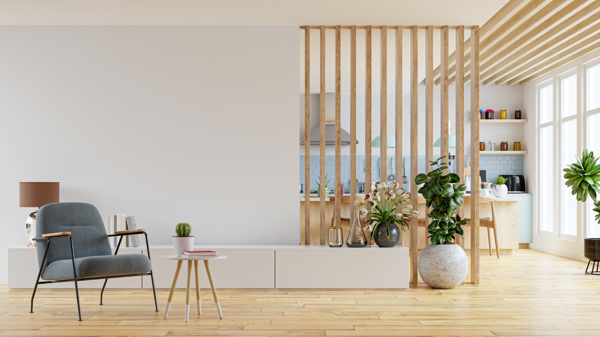 Claustra en bois dans une salon lumineux