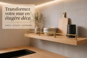 rail en laiton pour étagère dans une cuisine avec tasses et bols