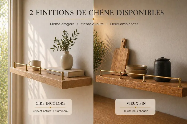 Comparaison de deux finitions pour étagère en chêne massif avec rail en laiton : cire incolore et teinte vieux pin