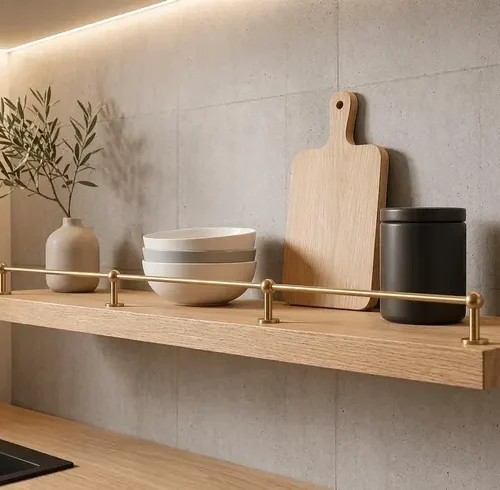 Étagère murale en chêne massif avec rail en laiton dans une cuisine sombre design, avec texte promotionnel sur image