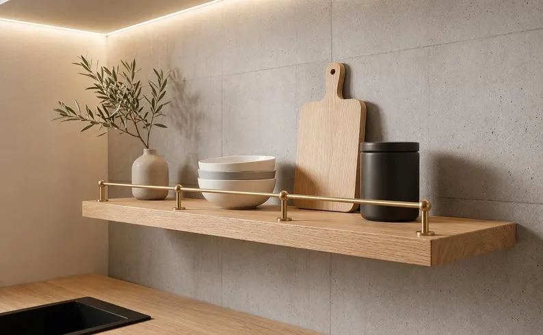 Étagère murale en chêne clair avec rail en laiton dans une cuisine moderne, rangement pour tasses et bocaux