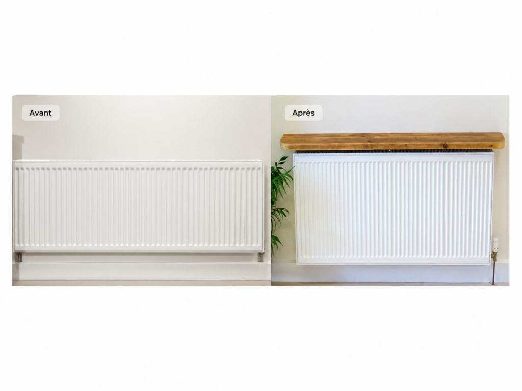 Avant après radiateur avec étagère bois sans perçage pour décoration intérieure et gain de place