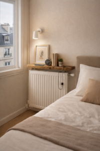 tablette radiateur sans perçage utilisée en table de chevet dans une chambre