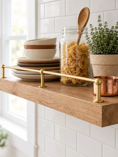 Kit galerie laiton installé sur une étagère de cuisine