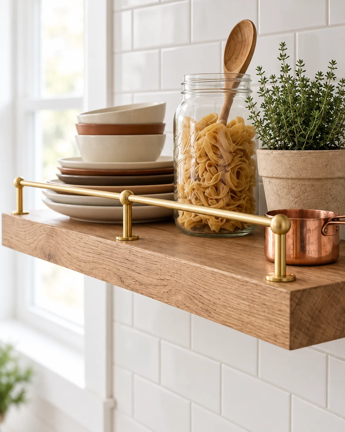 Galerie en laiton satiné sur une étagère en bois dans une cuisine