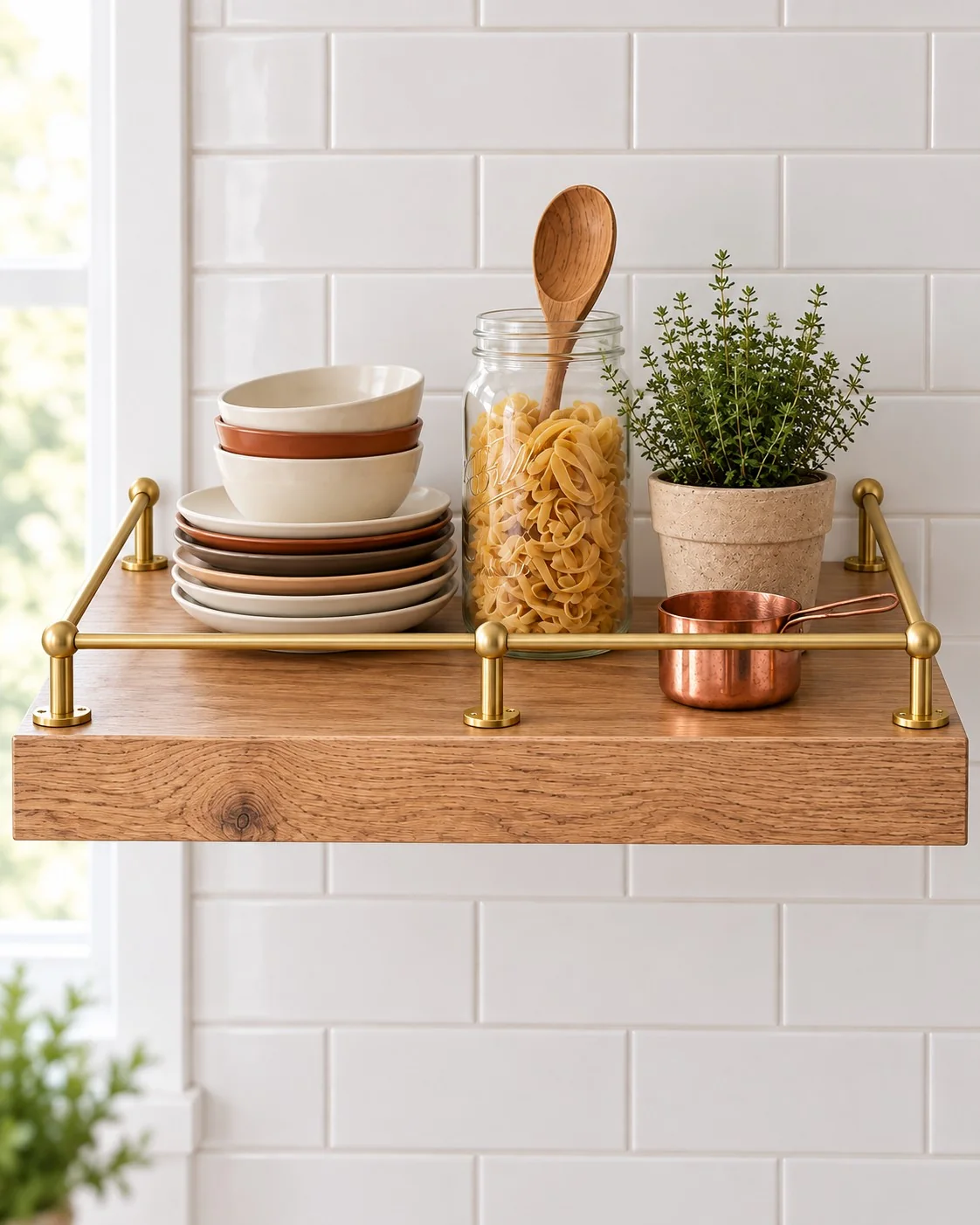 Étagère de cuisine en bois avec galerie en laiton et deux retours latéraux, garnie de vaisselle, d’un bocal de pâtes et d’une plante.