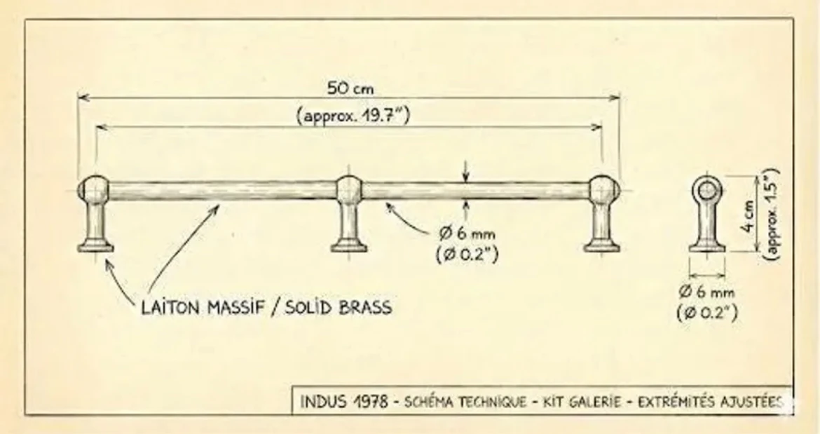 Schéma technique rail en laiton massif pour étagère 50 cm, dimensions de la barre, supports et diamètre des tiges en laiton