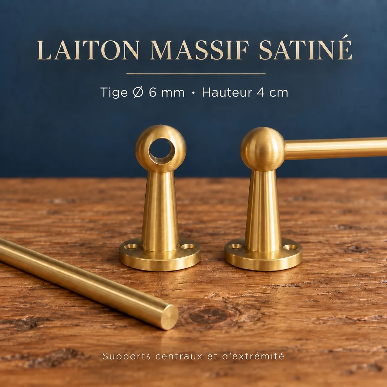 Détail des supports et d’une tige de la galerie Indus1978 en laiton massif satiné, diamètre 6 mm et hauteur 4 cm