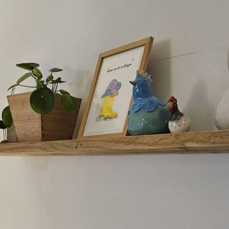 Photo client d'une étagère flottante en bois échafaudage décorée avec plantes et cadre