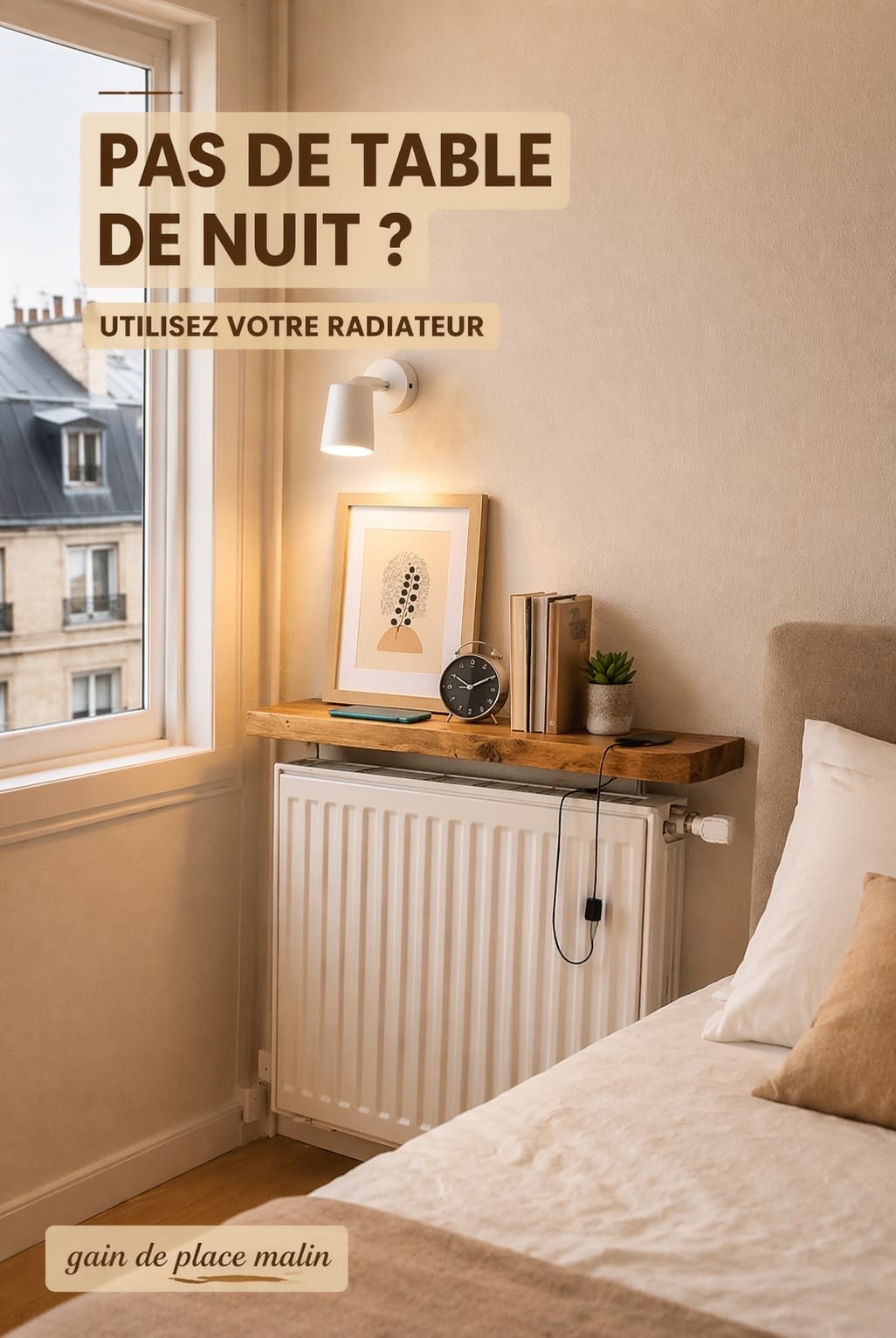 tablette radiateur sans perçage dans une petite chambre