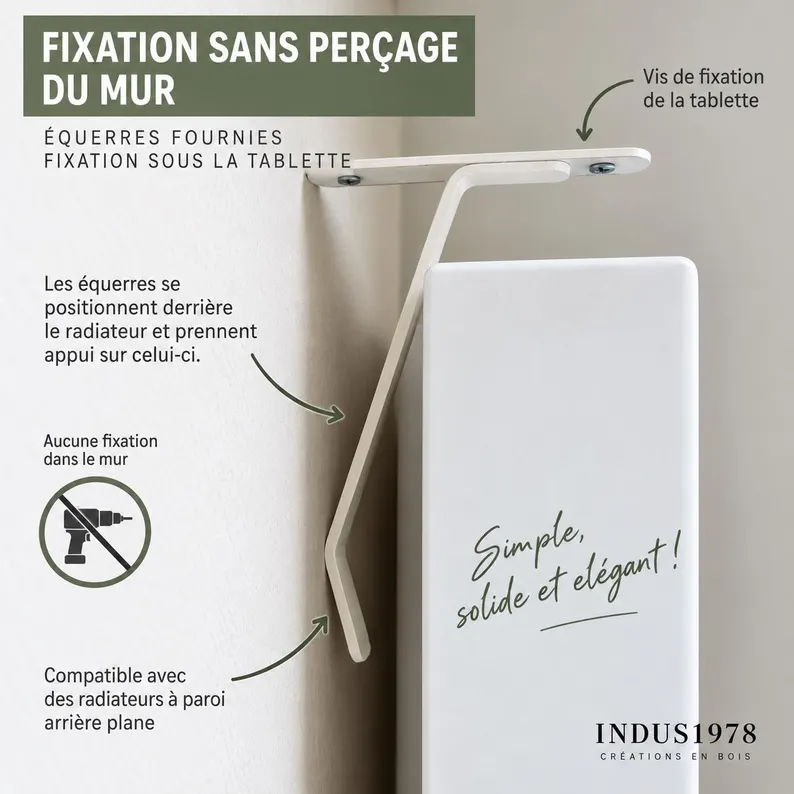 Équerre blanche fixée sous la tablette et en appui derrière un radiateur plat, sans perçage du mur.